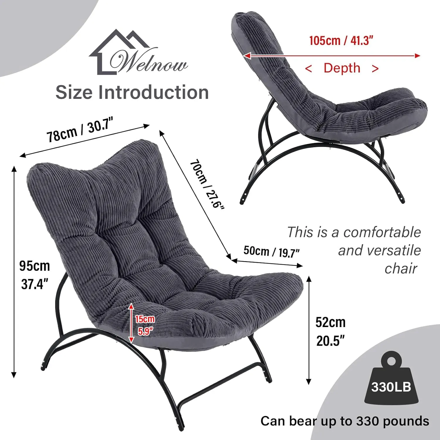 Welnow Accent Lounge Lazy Chair, Comfy Soft Leisure Metal Frame Reading Chair, Upholstered Thick Cushion Seated Recliner Sofa for Living Room, Bedroom, Dorm, Dark Grey
