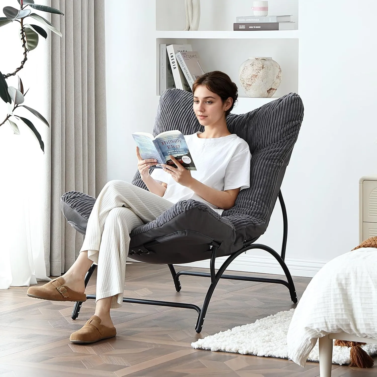 Welnow Accent Lounge Lazy Chair, Comfy Soft Leisure Metal Frame Reading Chair, Upholstered Thick Cushion Seated Recliner Sofa for Living Room, Bedroom, Dorm, Dark Grey