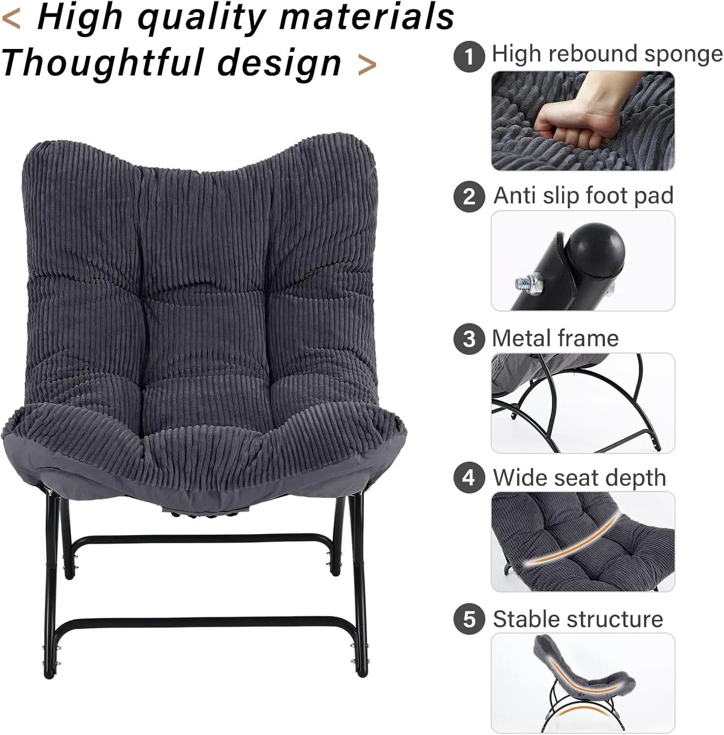 Welnow Accent Lounge Lazy Chair, Comfy Soft Leisure Metal Frame Reading Chair, Upholstered Thick Cushion Seated Recliner Sofa for Living Room, Bedroom, Dorm, Dark Grey