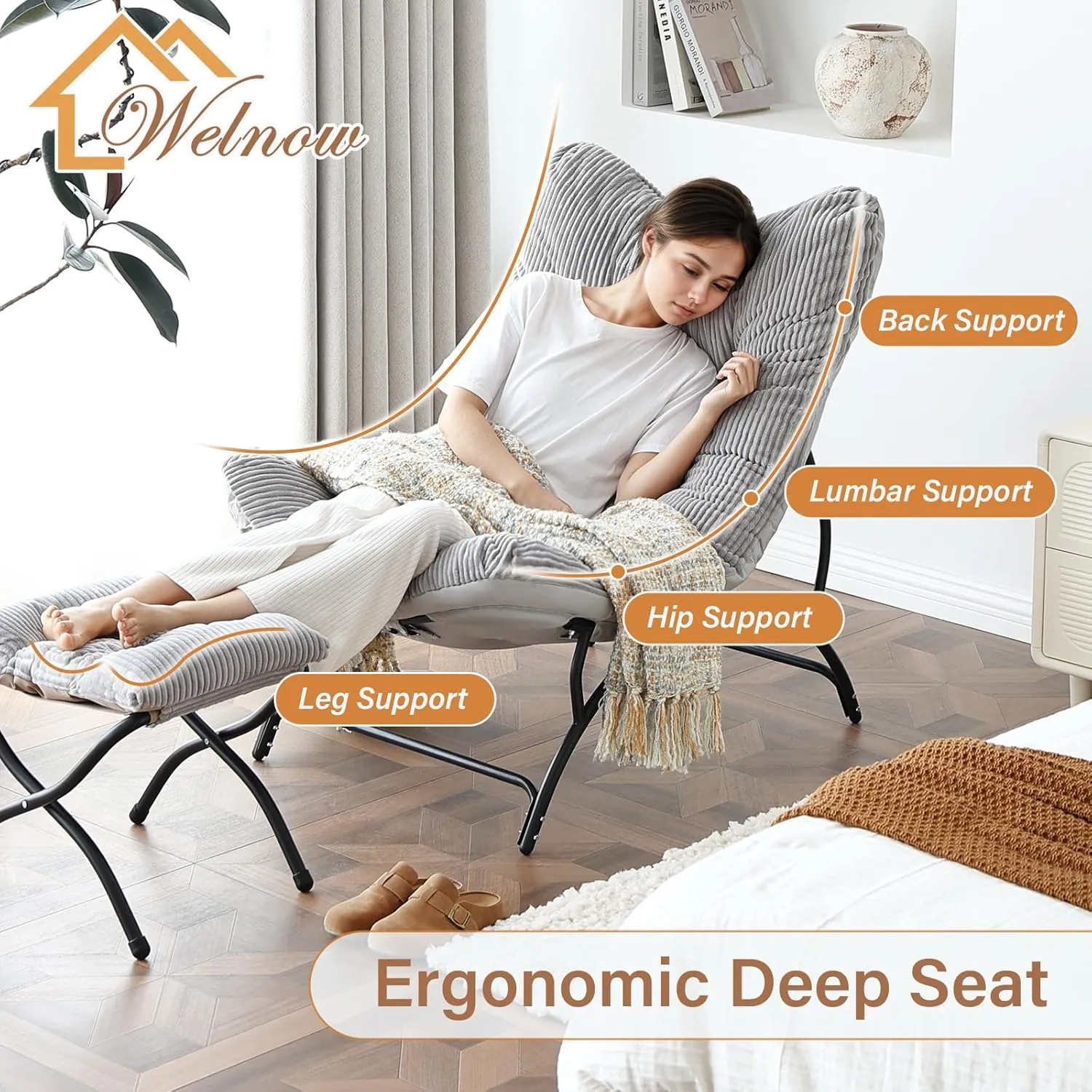 Welnow Accent Lounge Lazy Chair, Comfy Soft Leisure Metal Frame Reading Chair, Upholstered Thick Cushion Seated Recliner Sofa for Living Room, Bedroom, Dorm, Dark Grey