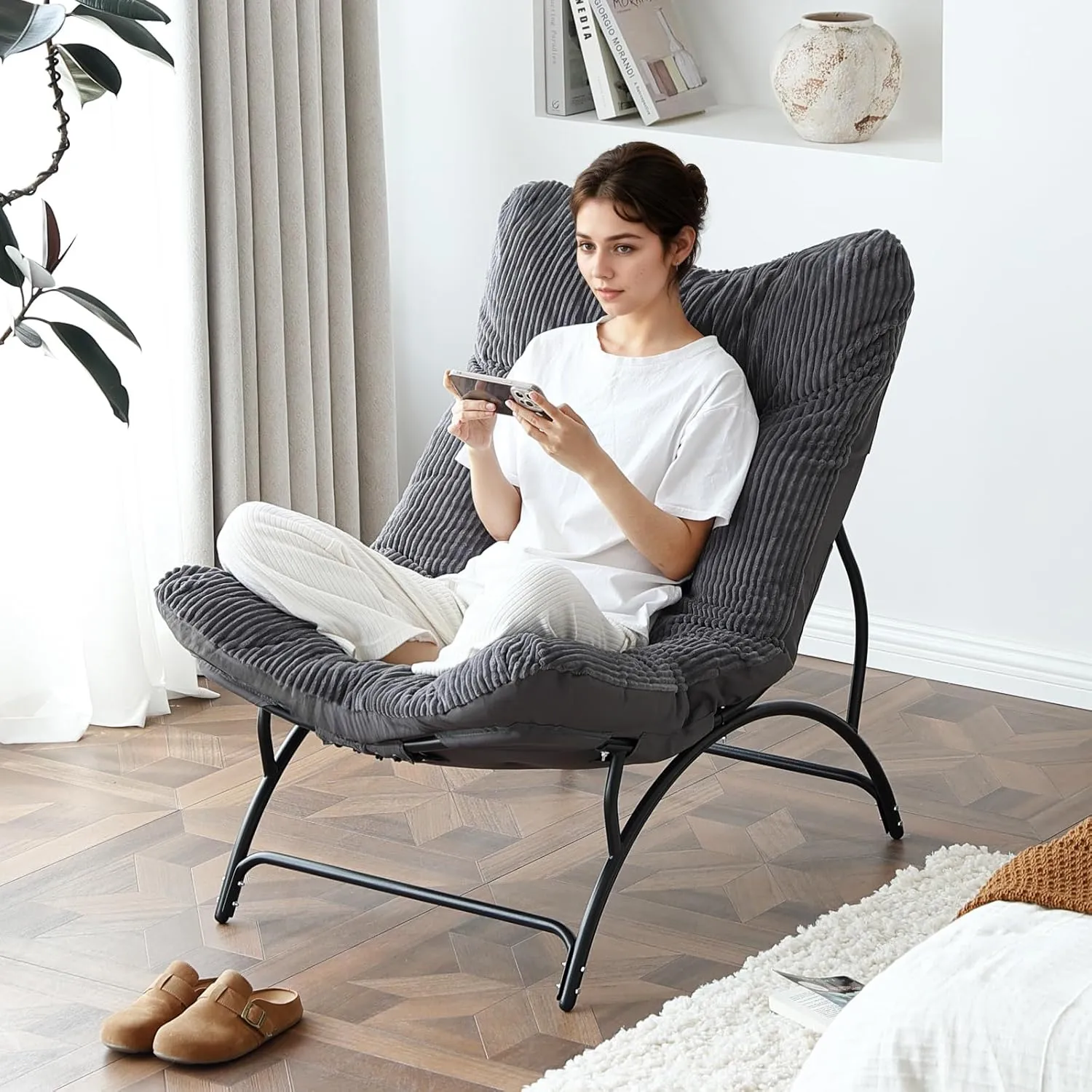 Welnow Accent Lounge Lazy Chair, Comfy Soft Leisure Metal Frame Reading Chair, Upholstered Thick Cushion Seated Recliner Sofa for Living Room, Bedroom, Dorm, Dark Grey
