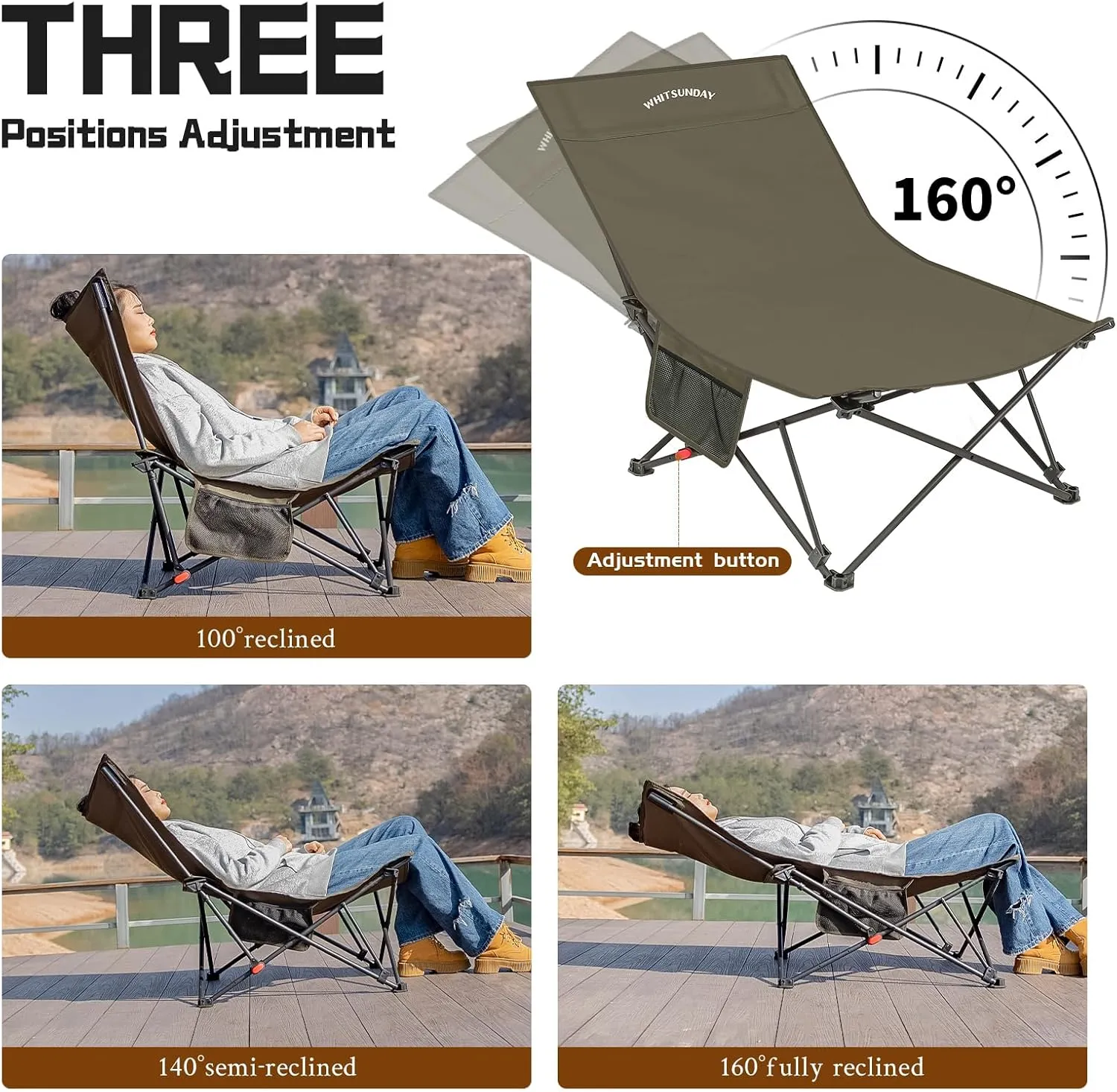 Whitsunday Camping Lounge Chair, 3 Adjustments Reclining Camping Chair, Lawn Chairs Folding Chair with Side Pocket for Camping, Beach, Picnic Green
