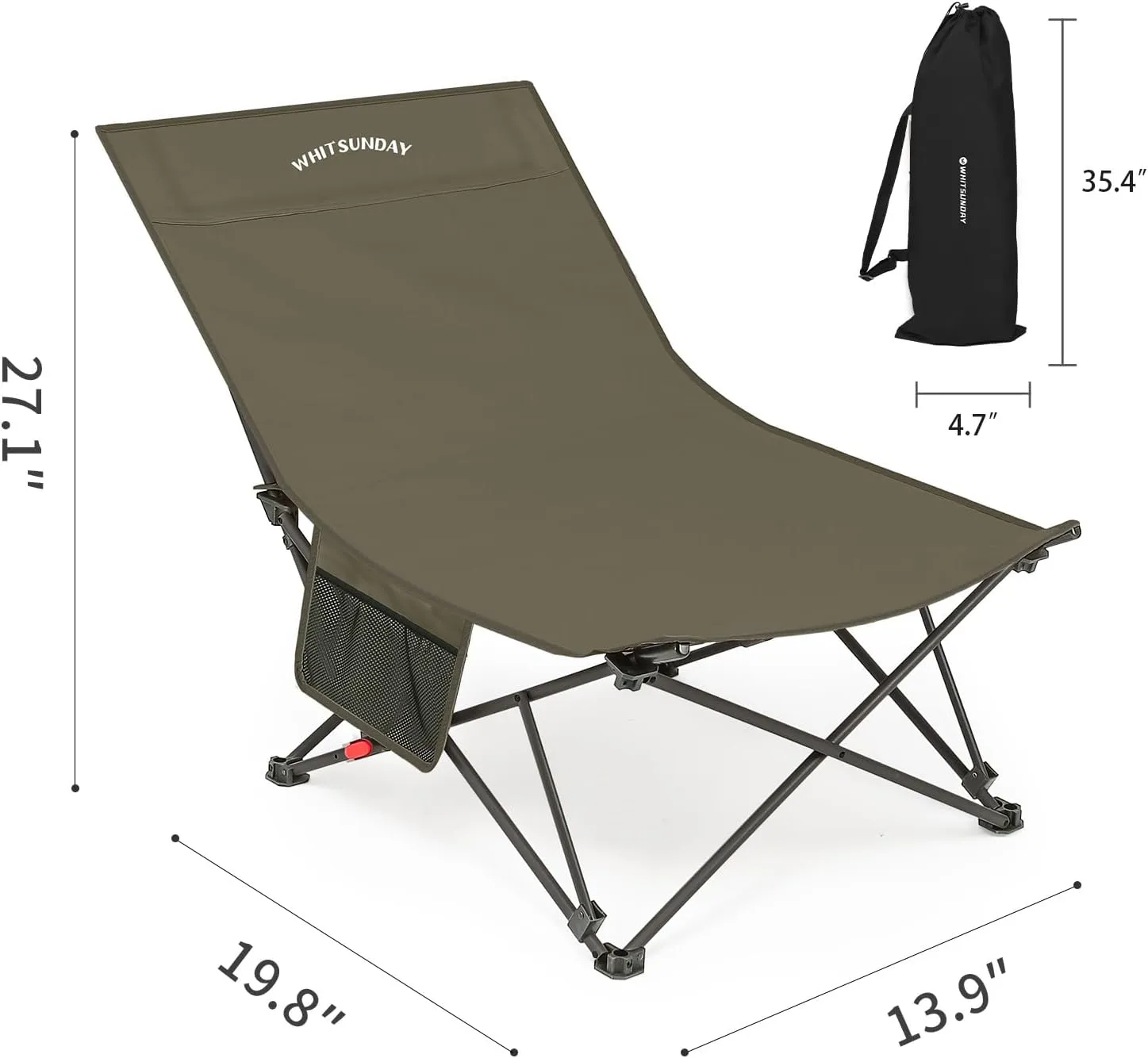 Whitsunday Camping Lounge Chair, 3 Adjustments Reclining Camping Chair, Lawn Chairs Folding Chair with Side Pocket for Camping, Beach, Picnic Green