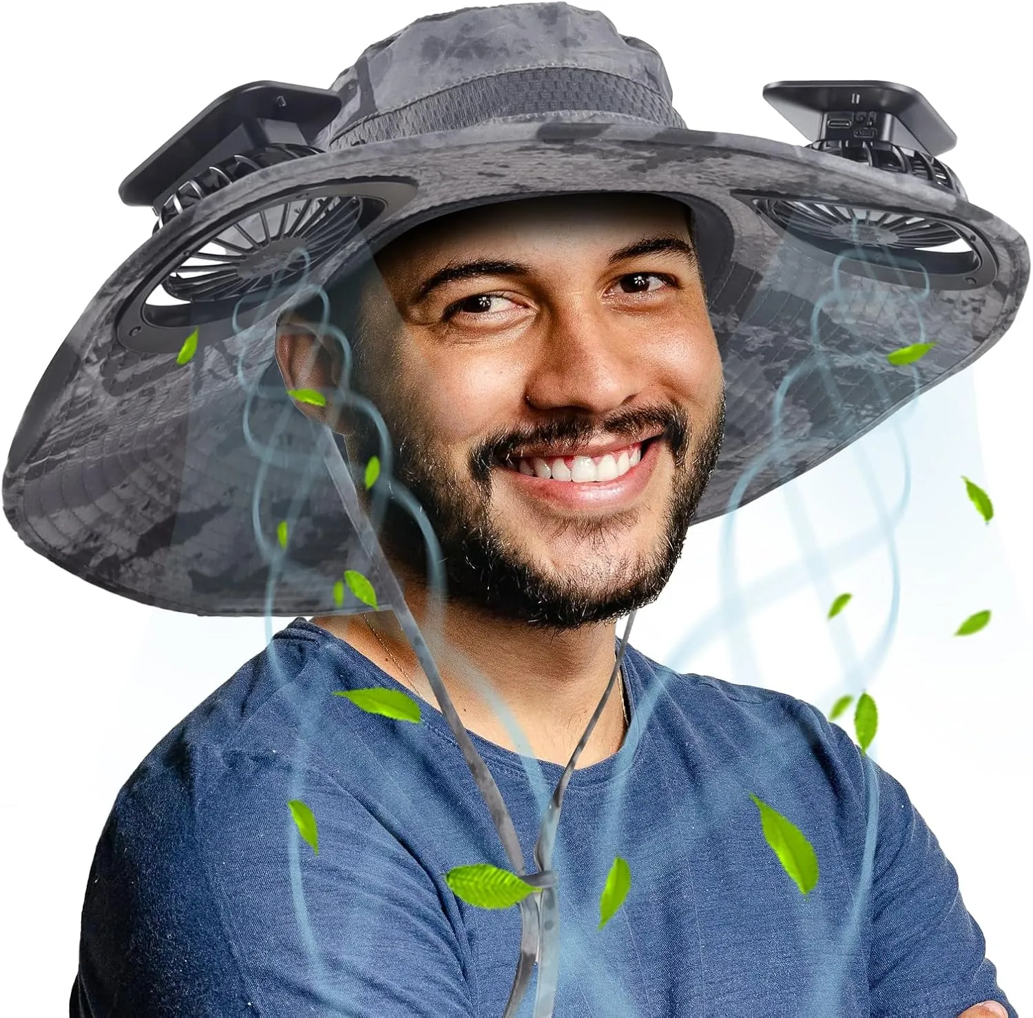Wide Brim Outdoor Solar Fan Hat, UPF 50  Fishing Hat for Man with 2 Solar Fan, 3 Modes 180°Rotating Fan Hats