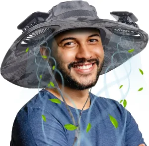 Wide Brim Outdoor Solar Fan Hat, UPF 50  Fishing Hat for Man with 2 Solar Fan, 3 Modes 180°Rotating Fan Hats