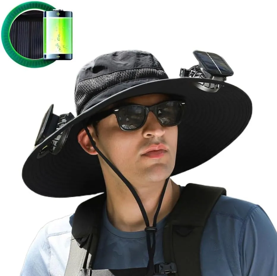 Wide Brim Solar Fan Hat, 2025 New Hat with Fans Solar Power for Men Women, Solar Panel Sun Hats for Men Women Outdoor Fishing