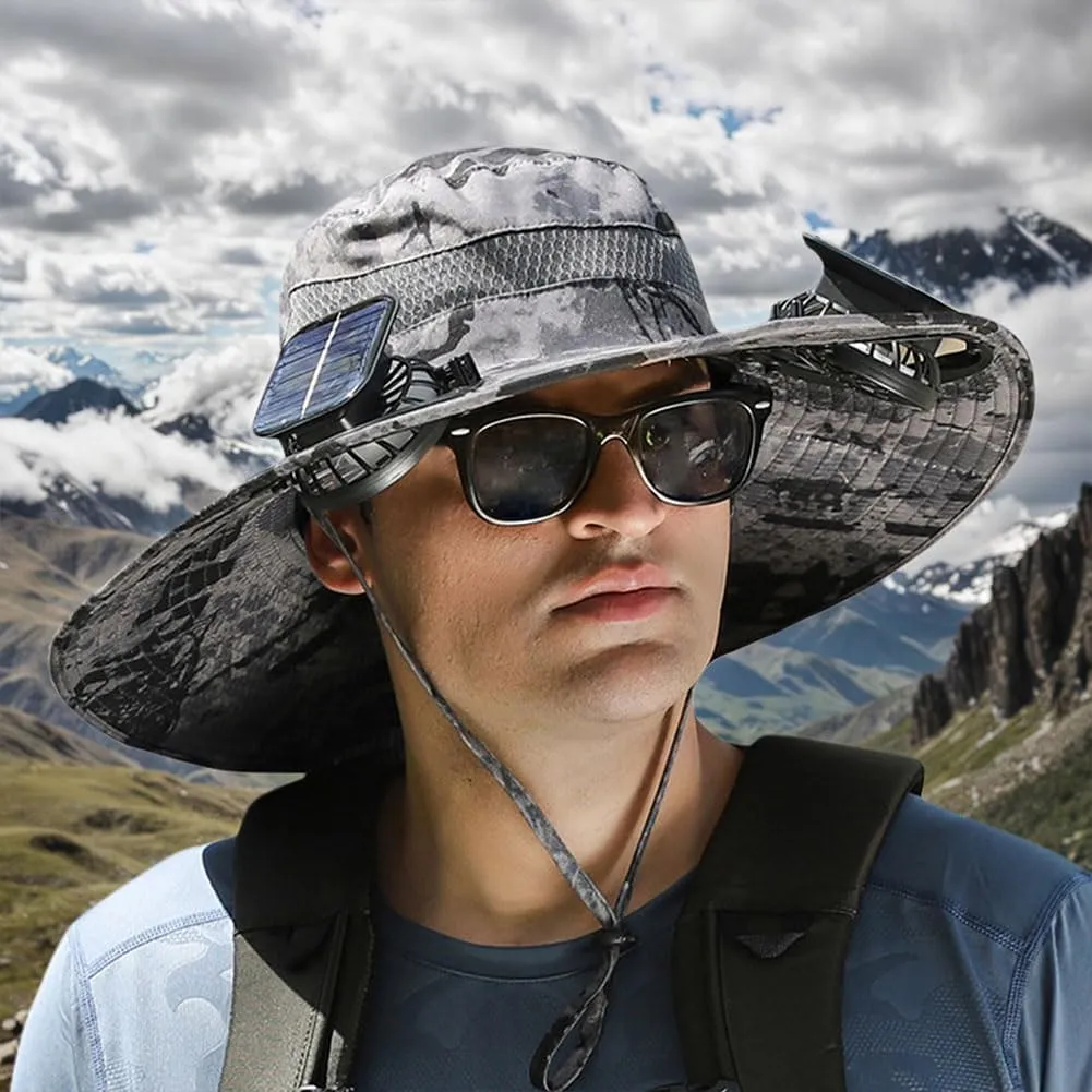 Wide Brim Solar Fan Hat for Men & Women – UPF 50  Sun Hat with Built-in Fans, Solar & USB Rechargeable, Outdoor Cooling Cap for Hiking, Fishing, Camping