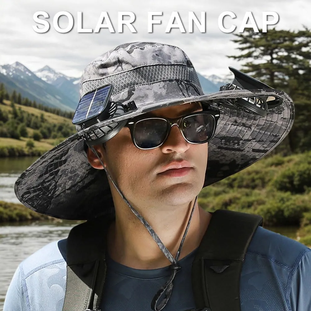 Wide Brim Solar Fan Hat for Men & Women – UPF 50  Sun Hat with Built-in Fans, Solar & USB Rechargeable, Outdoor Cooling Cap for Hiking, Fishing, Camping
