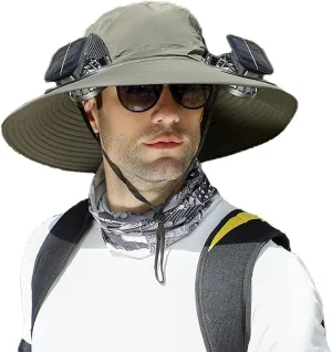 Wide Brim Solar Fan Hat, Hat with 2 Solar Power Fan, Bucket Hats for Men Women, Fans Built in