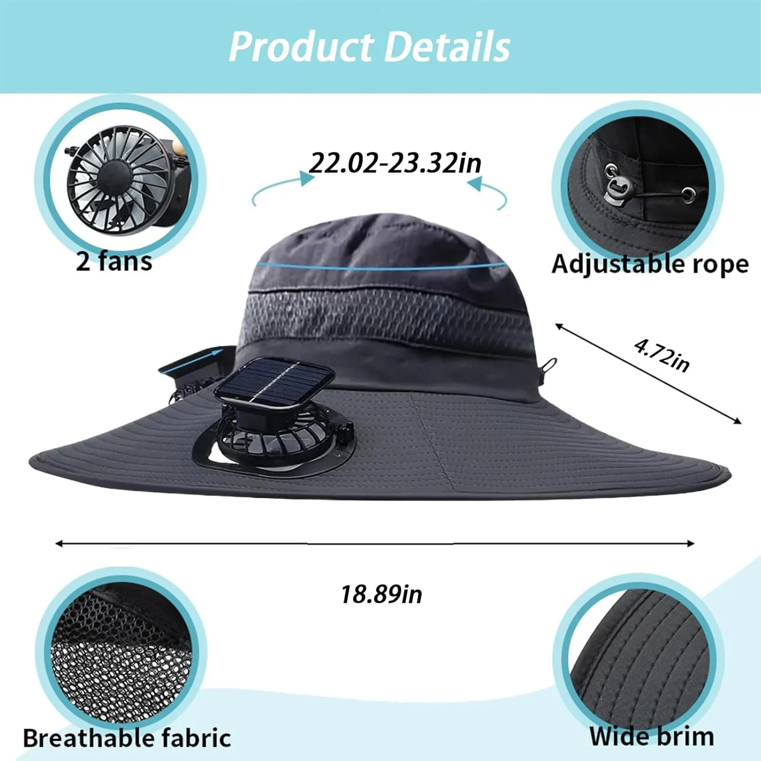 Wide Brim Solar Fan Hat, Hat with Fans Solar Power for Men Women, Solar & USB Charging Sombrero Con Ventilador Solar