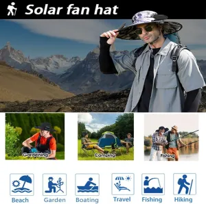 Wide Brim Solar Fan Hat, Hat with Fans Solar Power for Men Women, Solar & USB Charging Sombrero Con Ventilador Solar