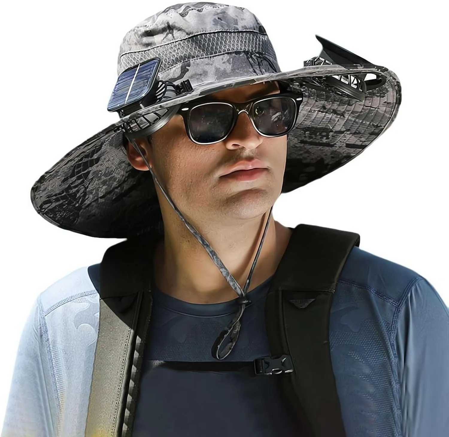 Wide Brim Solar Fan Hat Outdoor Sun Hat with 2 Solar Fan Summer UV Protection Fishing Boonie Hat Breathable Bucket Hat