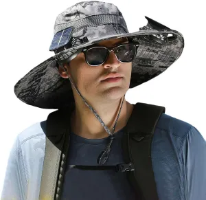 Wide Brim Solar Fan Hat Outdoor Sun Hat with 2 Solar Fan Summer UV Protection Fishing Boonie Hat Breathable Bucket Hat