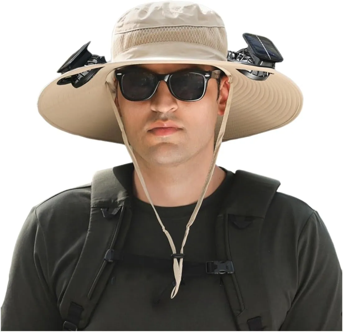 Wide Brim Solar Fan Hat Outdoor Sun Hat with 2 Solar Power Fans for Men Fishing Hats Sombrero Solar & USB Charging Fan