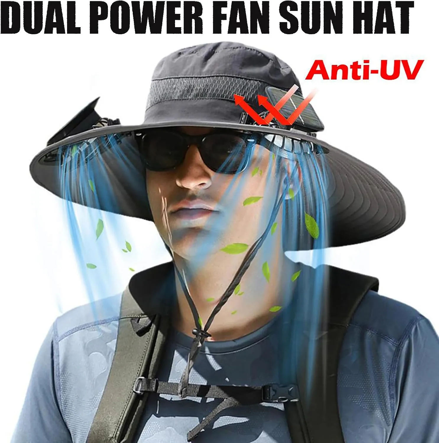 Wide Brim Solar Fan Hat, Outdoor Wide Brim Sun Hat with 2 Solar Fan for Men Women,Suitable for Outdoor Fishing,Hiking, Beach