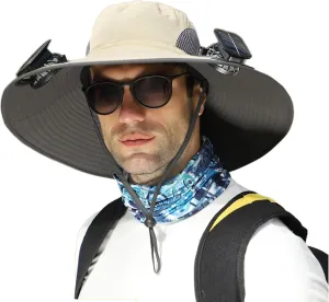 Wide Brim Solar Fan Hat ，Solar、USB Dual Power, for Men, Women, Outdoor, Fishing Wide Brim Solar Fan hat (US, Alpha, One Size, Khaki)