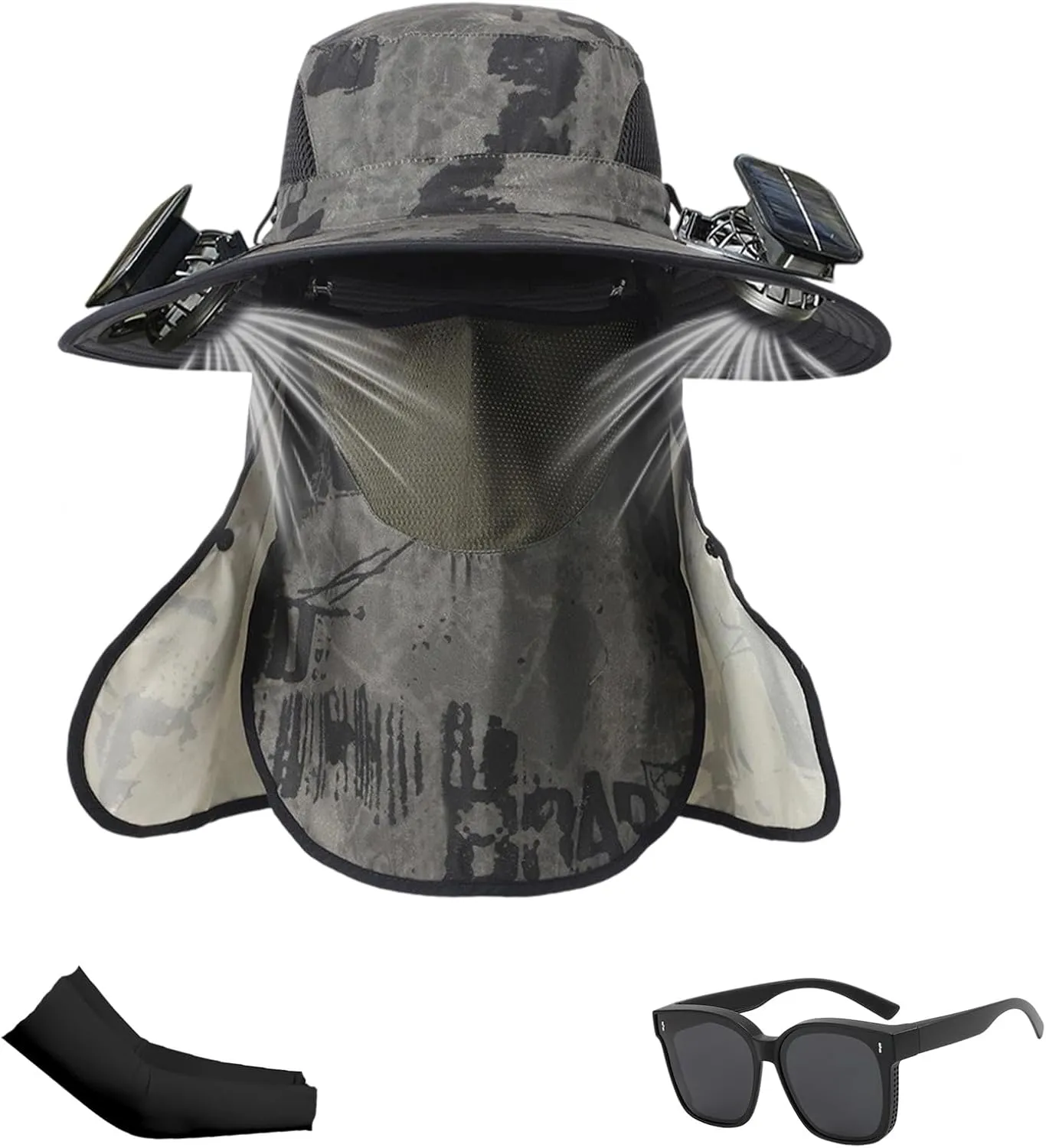 Wide Brim Solar Fan Hat with 2 Solar Fan, Breathable Outdoor Solar Powered Fan Hat with Removable Neck Flap and Face