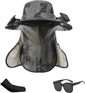 Wide Brim Solar Fan Hat with 2 Solar Fan, Breathable Outdoor Solar Powered Fan Hat with Removable Neck Flap and Face