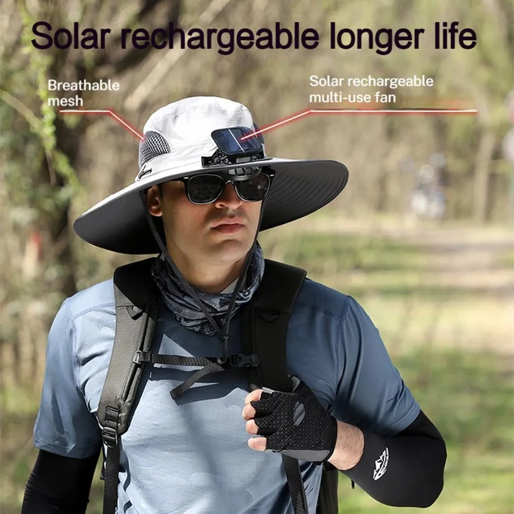 Wide Brim Solar Fan Hat with 2 Solar Fan, Breathable Outdoor Solar Powered Fan Hat with Removable Neck Flap and Face