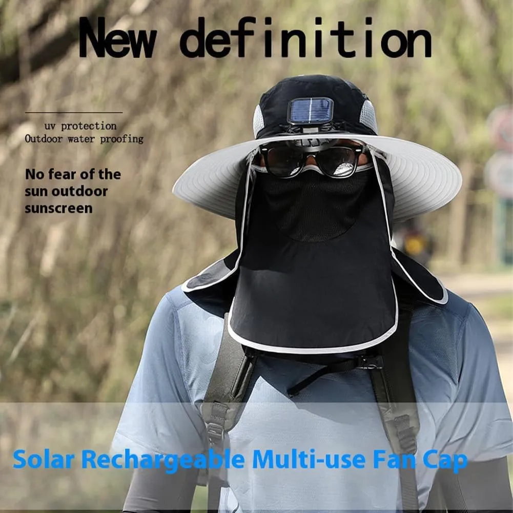 Wide Brim Solar Fan Hat with 2 Solar Fan, Breathable Outdoor Solar Powered Fan Hat with Removable Neck Flap and Face