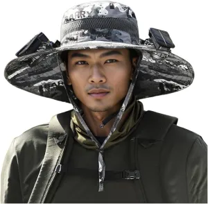 Wide Brim Solar Fan Outdoor Fishing Hat, 2024 New Solar&USB Charging Men Sun Hat With 2 Solar Fan UPF 50  Solar Fan Hat