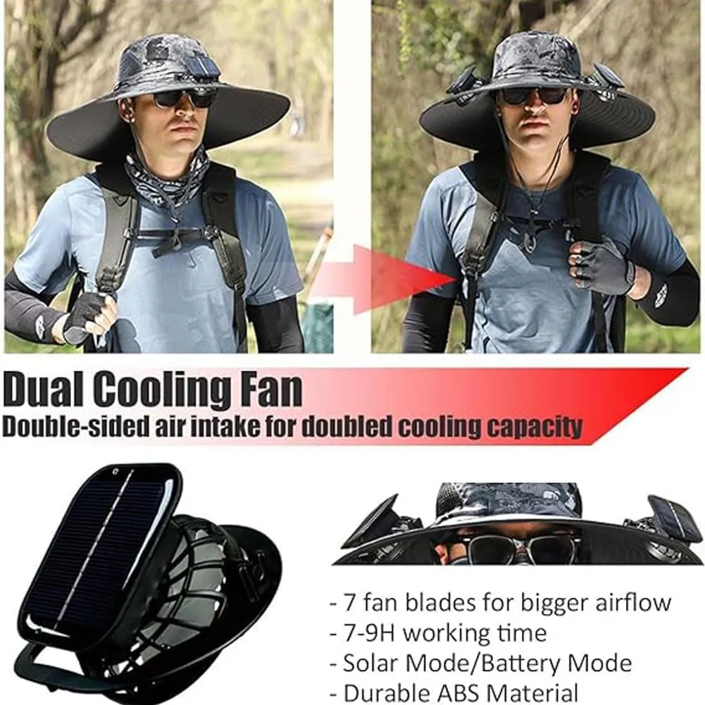 Wide Brim Solar Fan Outdoor Fishing Hat-Solar & USB Charging, Outdoor Solar Fan Hat UPF 50  for Fishing, Camping