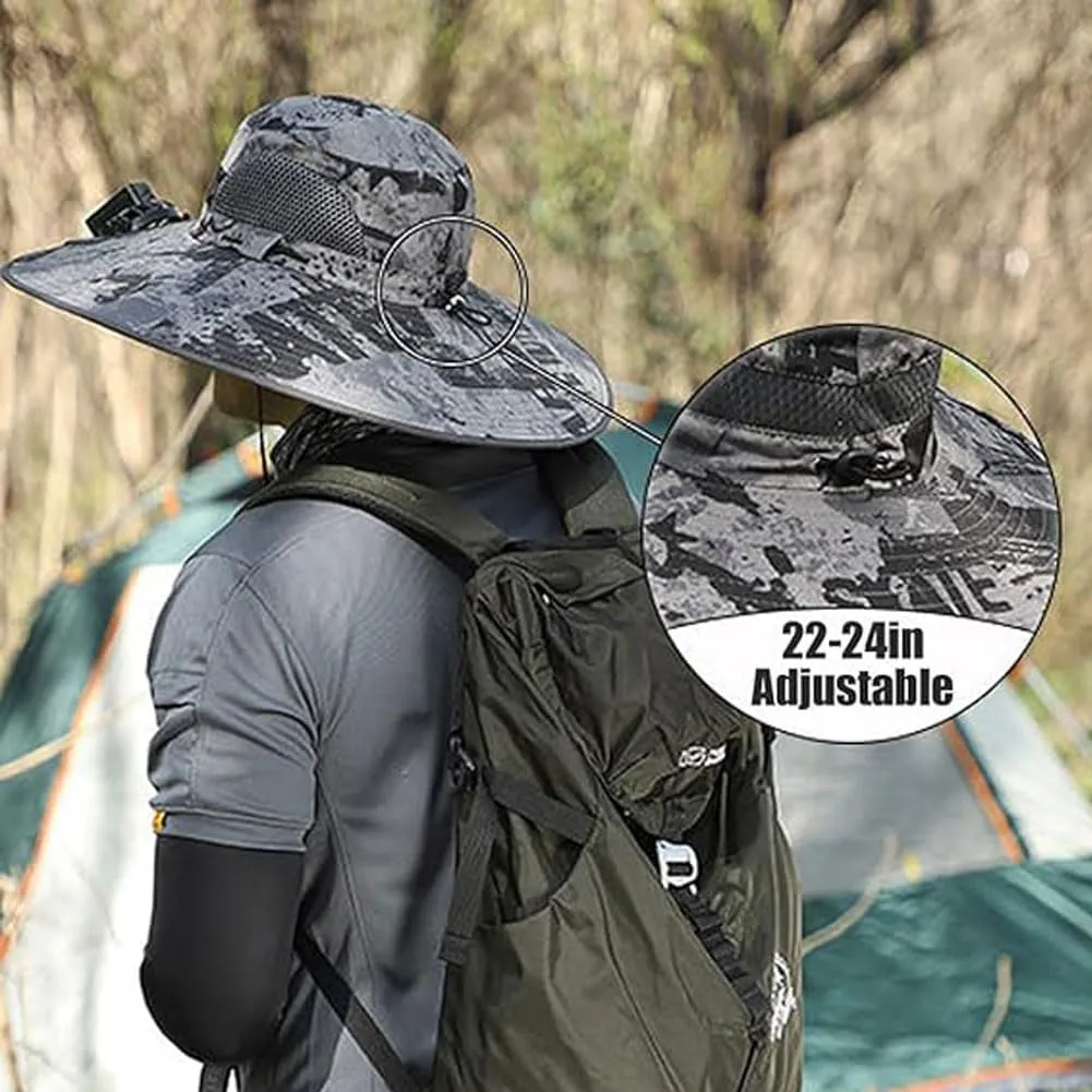 Wide Brim Solar Fan Outdoor Fishing Hat-Solar & USB Charging, Outdoor Solar Fan Hat UPF 50  for Fishing, Camping