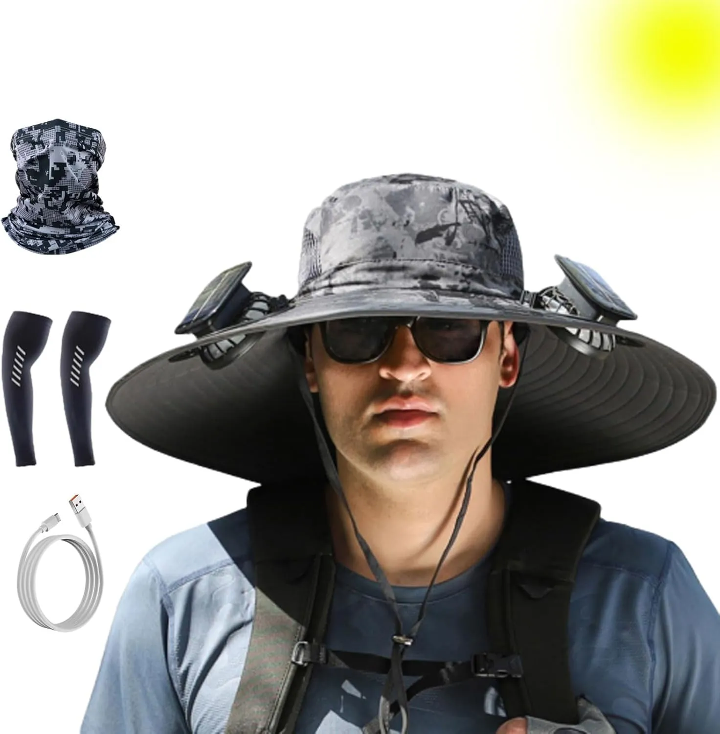 Wide Brim Solar Fan Outdoor Fishing Hat-Solar & USB Charging, Outdoor Solar Fan Hat UPF 50  for Fishing, Camping