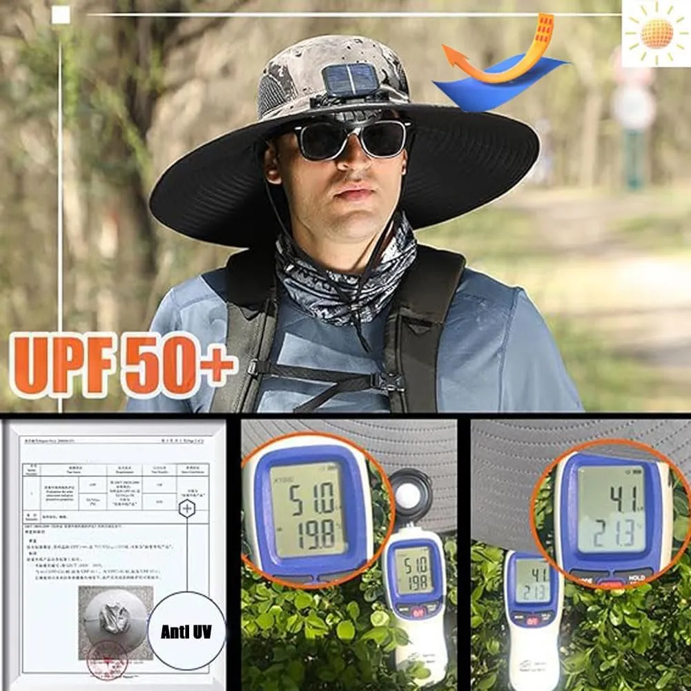 Wide Brim Solar Fan Outdoor Fishing Hat-Solar & USB Charging, Outdoor Solar Fan Hat UPF 50  for Fishing, Camping