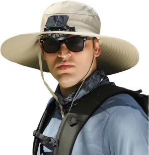 Wide Brim Solar Fan Outdoor Fishing Hat-Solar & USB Charging, Outdoor Solar Powered Fan Hat Sun Hat for Men