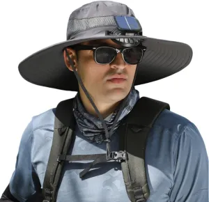 Wide Brim Solar Fan Outdoor Fishing Hat-Solar & USB Charging, Outdoor Solar Powered Fan Hat Sun Hat for Men