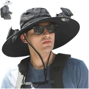 Wide Brim Solar Fan Outdoor Fishing Hat-Solar & USB Charging, Solar Fan Hat Hat with Fan Built in
