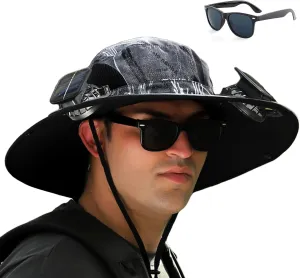 Wide Brim Solar Fan Outdoor Fishing Hat-Solar & USB Charging, Waterproof Men Sun Hat with 2 Solar Fans