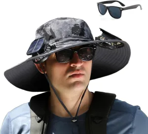 Wide Brim Solar Fan Outdoor Fishing Hat-Solar & USB Charging, Waterproof Men Sun Hat with 2 Solar Fans