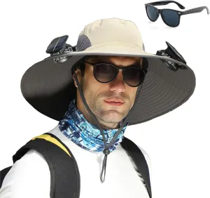 Wide Brim Solar Fan Outdoor Fishing Hat-Solar & USB Charging, Waterproof Men Sun Hat with 2 Solar Fans