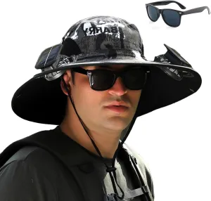 Wide Brim Solar Fan Outdoor Fishing Hat-Solar & USB Charging, Waterproof Men Sun Hat with 2 Solar Fans