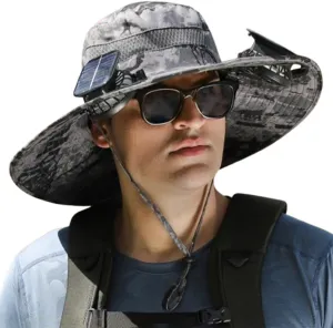 Wide Brim Solar Fan Outdoor Fishing Hat Waterproof Cooling Beach Hat with 2 Fans UPF 50  Unisex Gift Father's Day