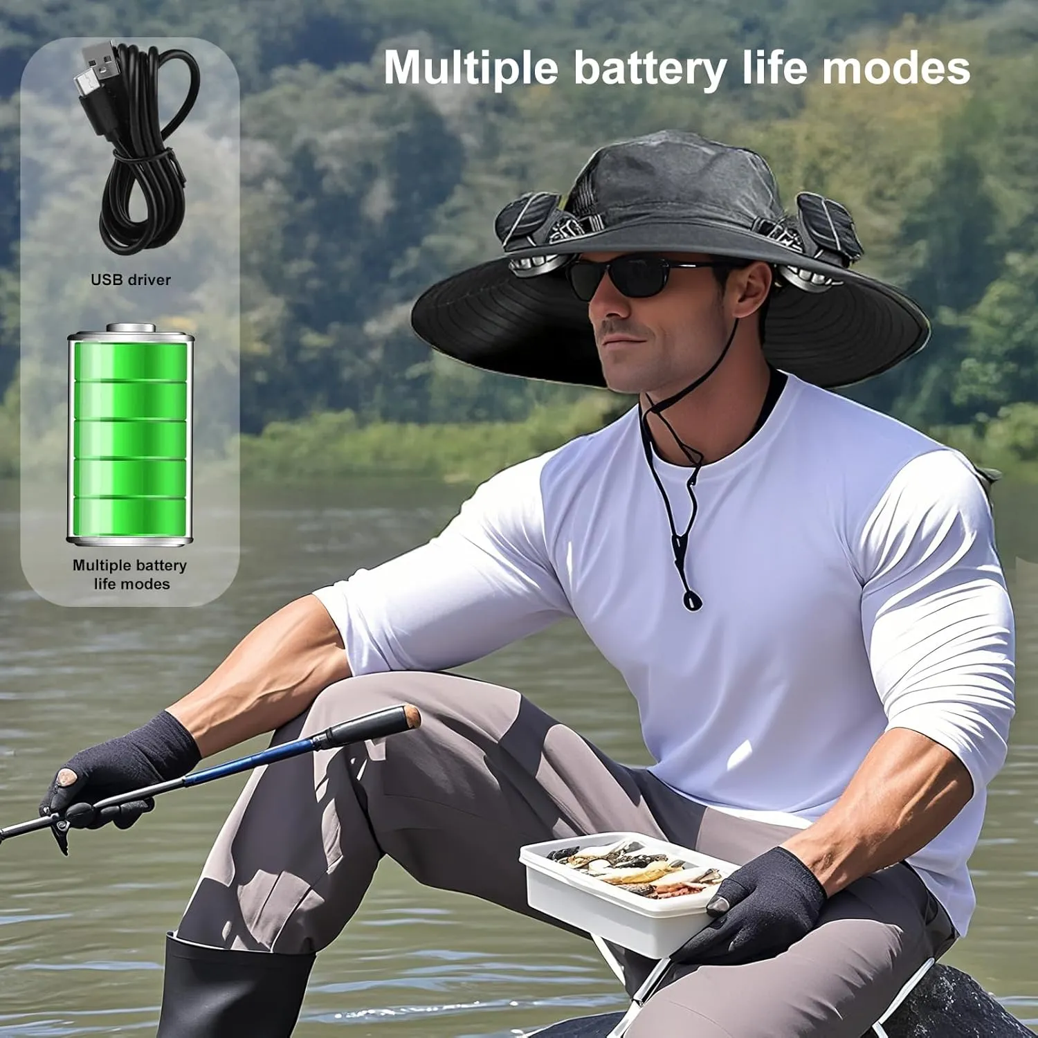 Wide Brim Solar Fan Outdoor Fishing Hat–Stay Cool with Sun Hat for Men, Solar Powered Fan hat for Fishing and Traveling