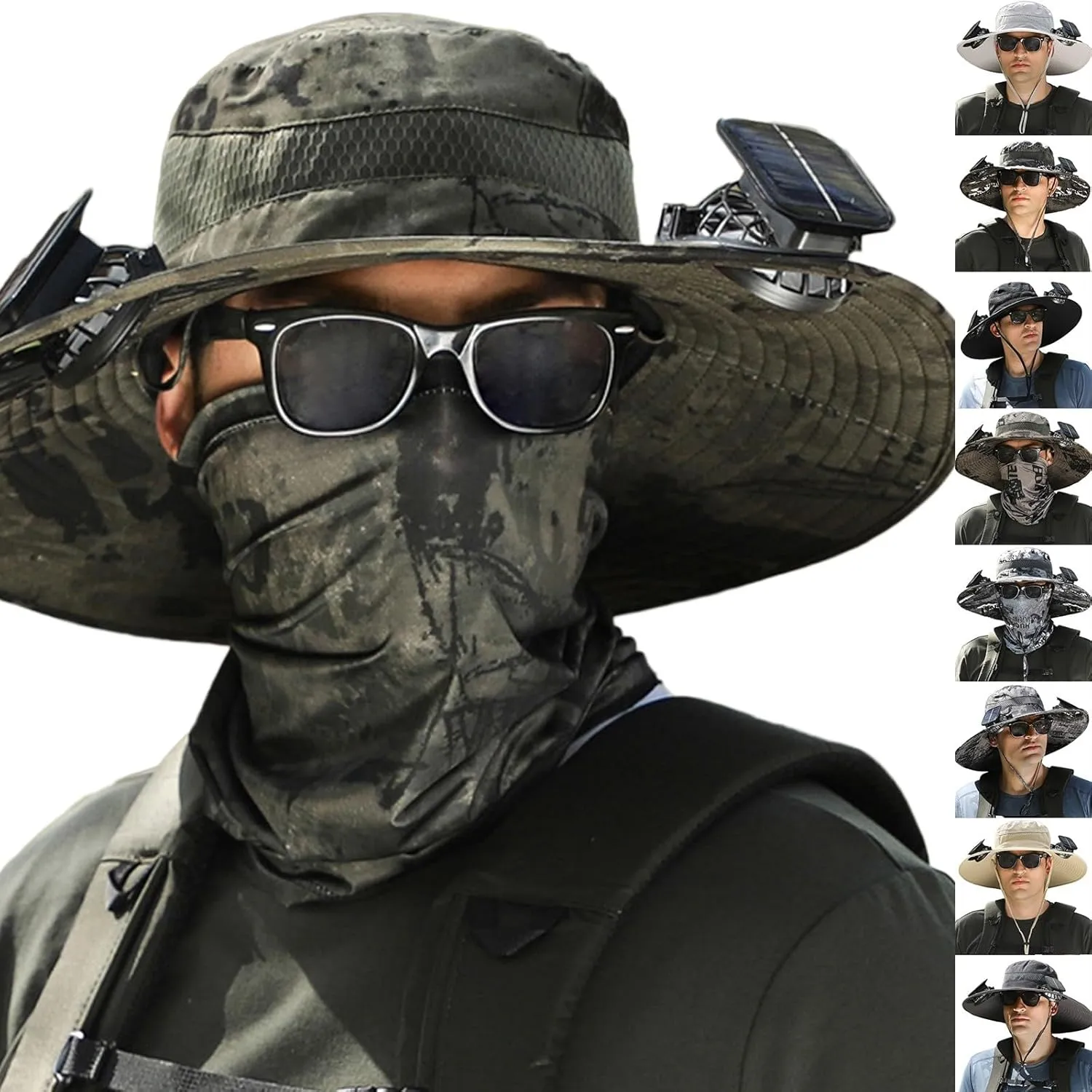 Wide Brim Solar Powered Hat Fan, UPF 50  Solar Power Fan Bucket Hat for Beach Camping Hiking Fishing Outdoor