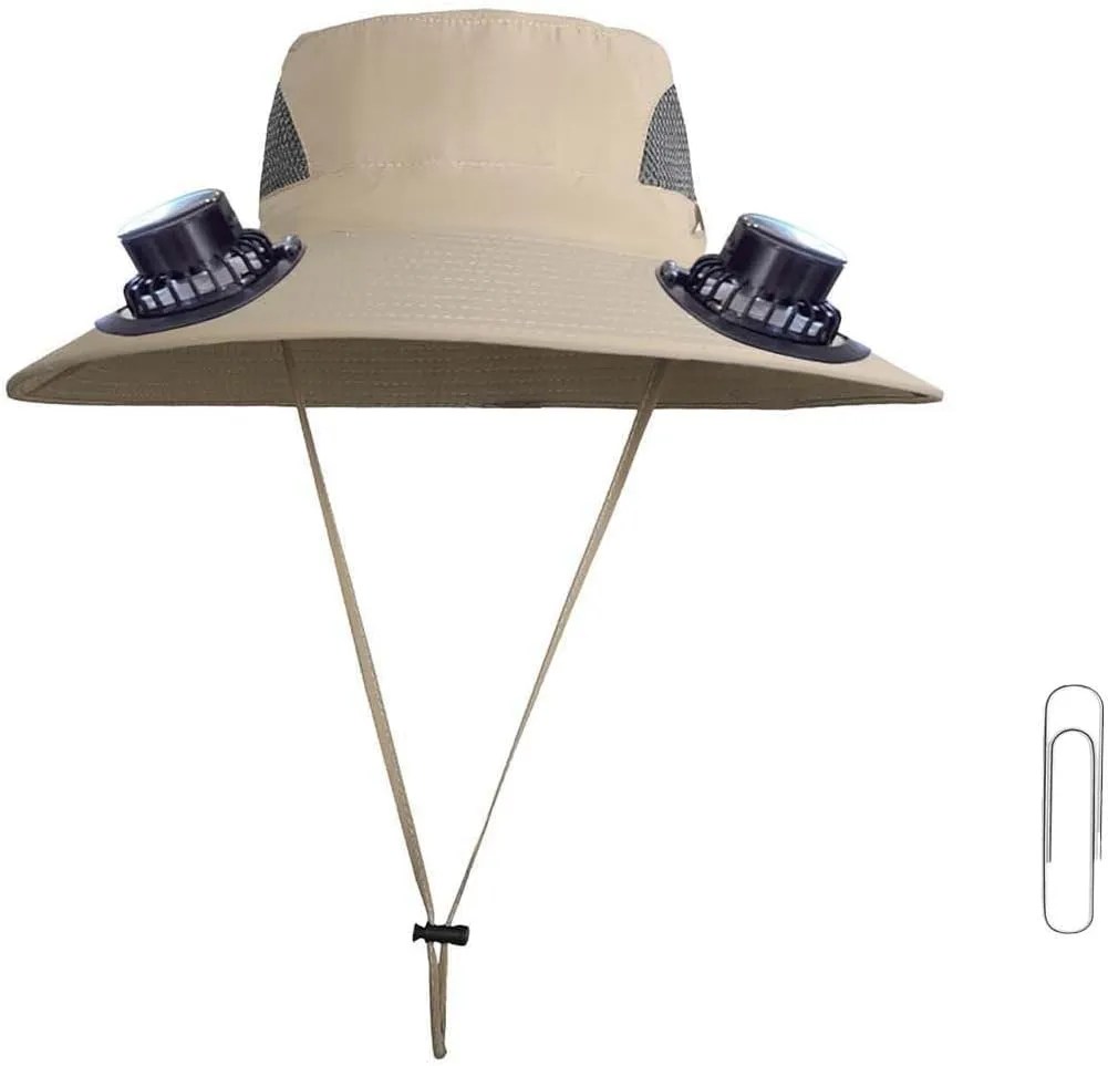 Wide Brim Sun Hat with 2 Solar Fan, 3 Speed Adjustable Fan Hat, Solar & USB Charging Fan, Bucket Fishing & Beach Hat