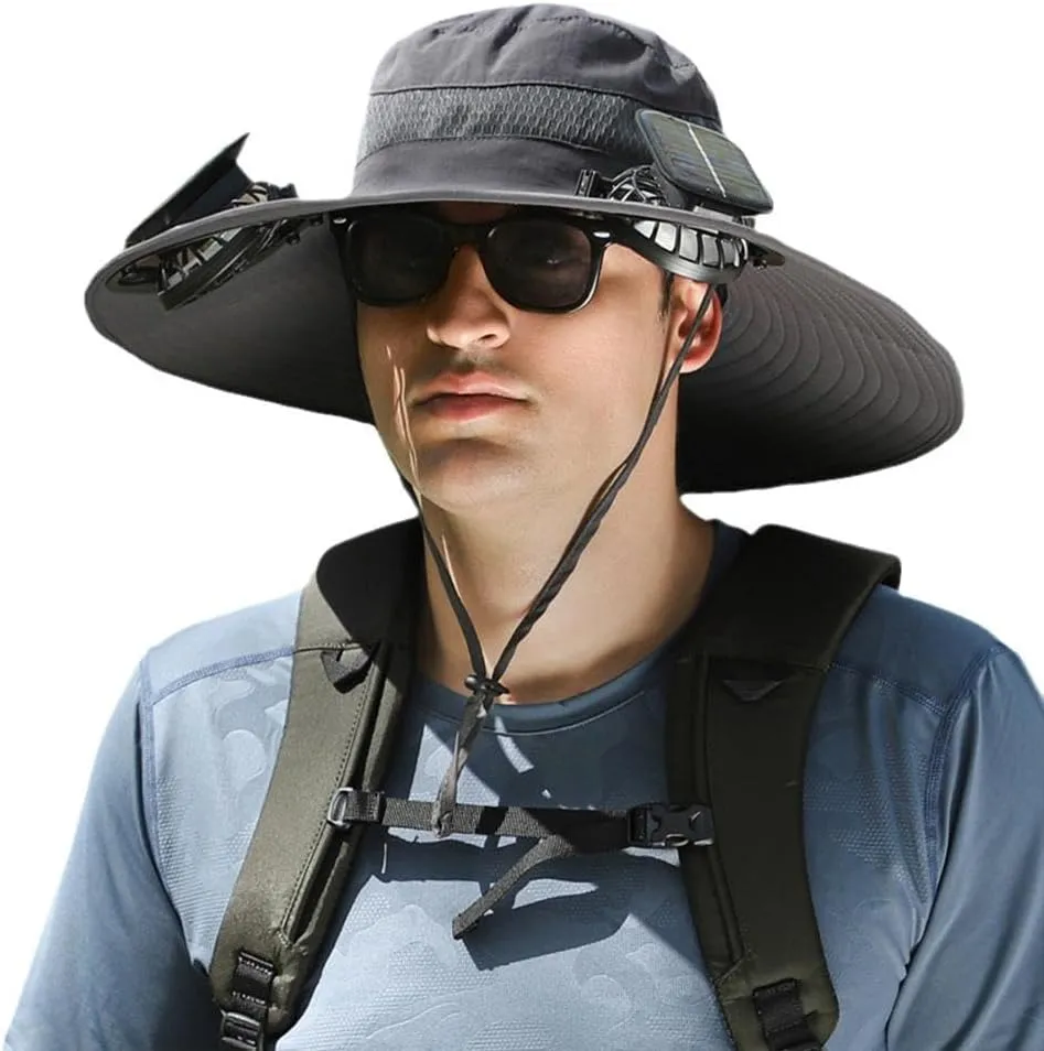 Wide Brim Sun Hat with 2 Solar Fan, Fishing Hat for Men, Solar Powered Fan Fishing Hats, 3 Speed Adjustable Fan Hat