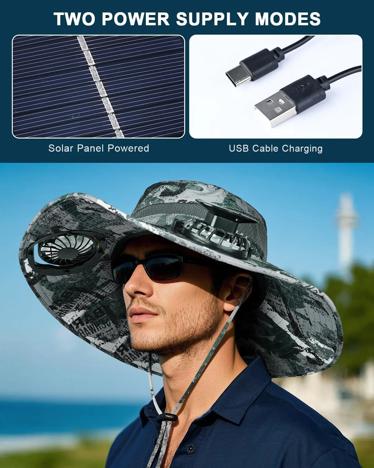 Wide Brim Sun Hat with 2 Solar Fan, Sun Bucket Hat for Men Women, UPF 50  Bucket Fishing & Beach Hat with Fan