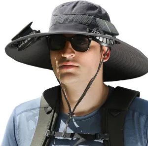 Wide Brim Sun Hat with Solar Powered Fans, UPF 50  Solar Fan Sun Hat for Hiking Beach Fishing Outdoor Camping