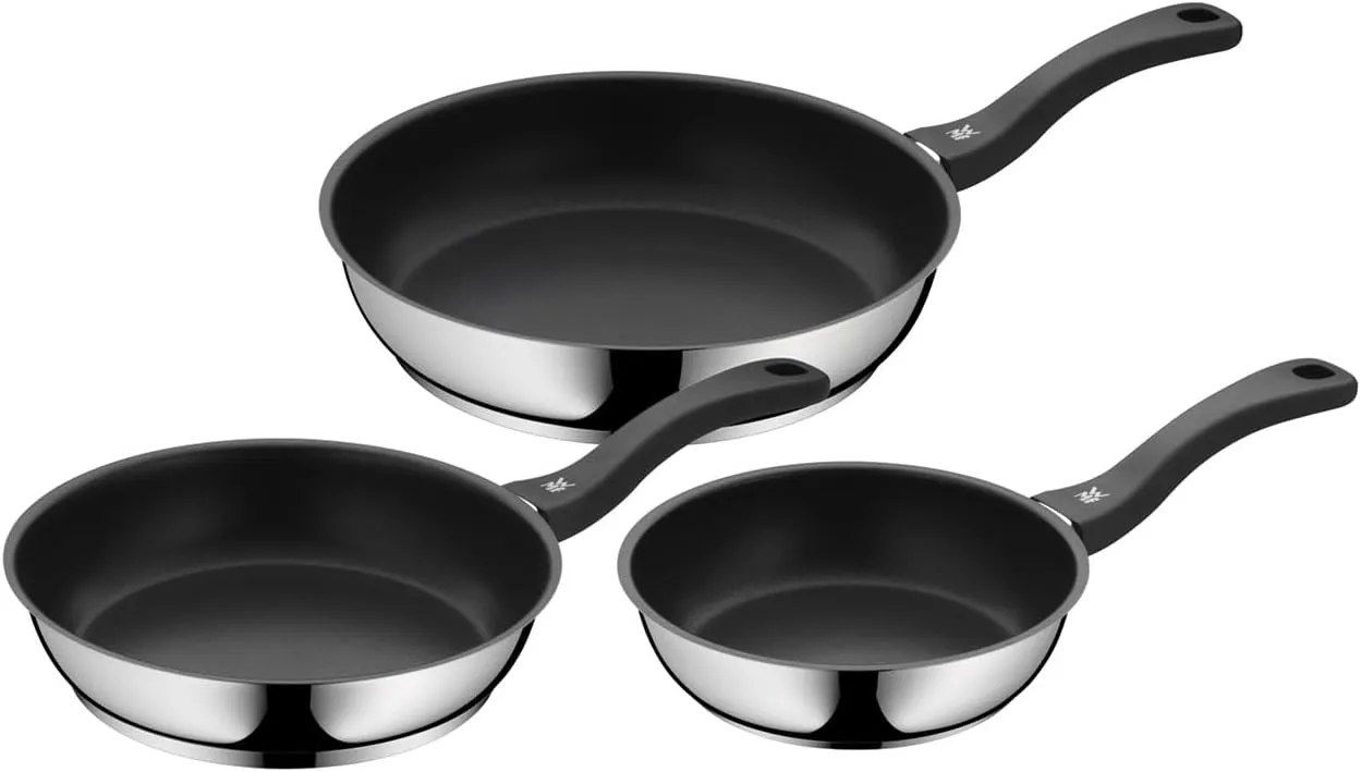 WMF 3-piece frying pan, coated frying pan with handle, diameter 20/24/28 cm, Devil Cromargan frying pan with stainless steel handle, stainless ceramic suitable for induction cookers and hand wash.