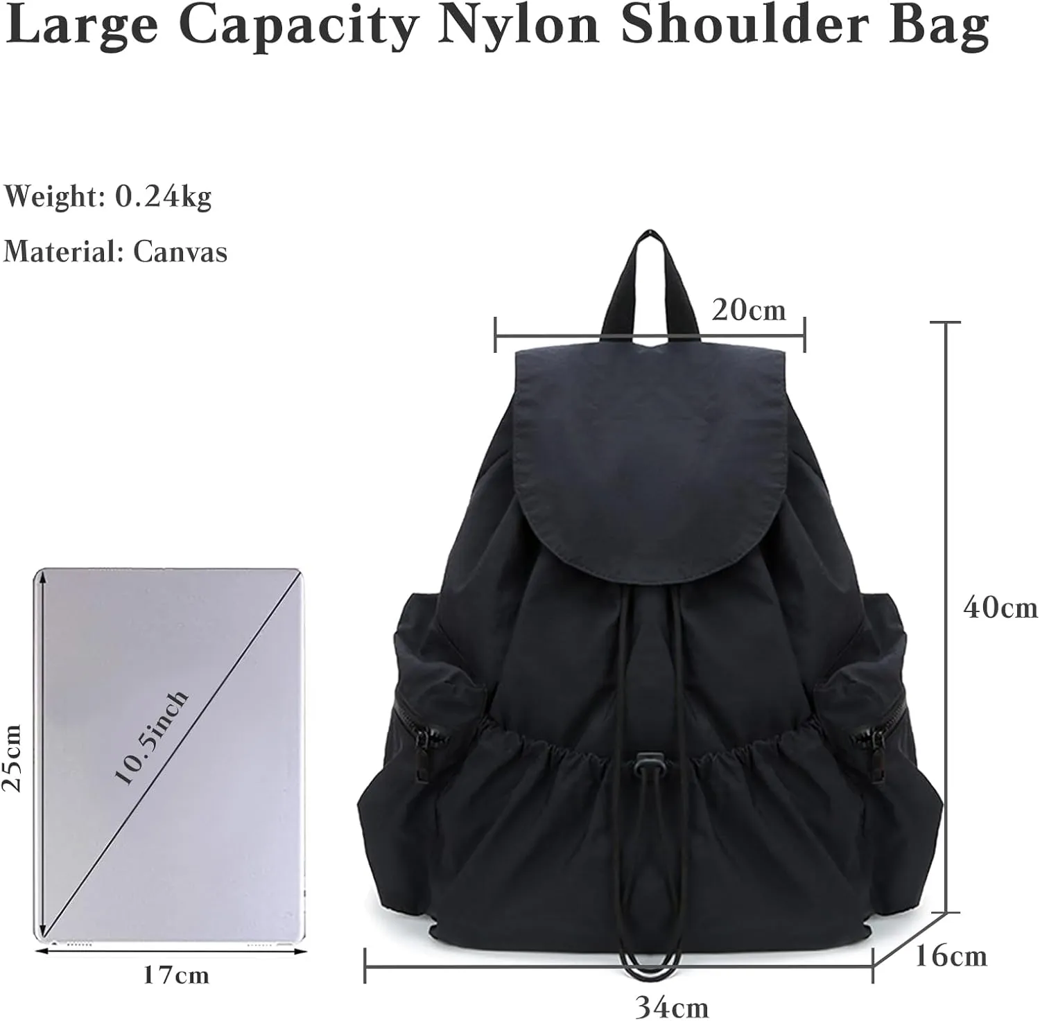 Women Casual Daypacks Canvas Backpack Drawstring Rucksack for Outdoor Travel College University Campus Black