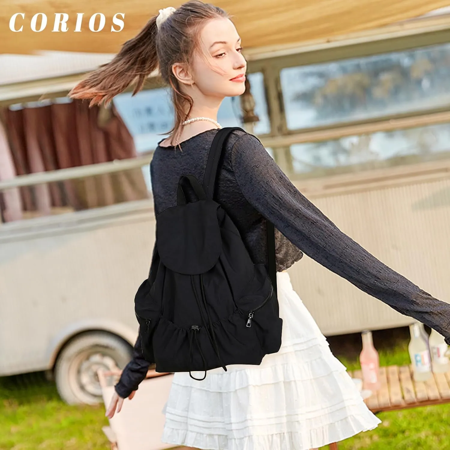 Women Casual Daypacks Canvas Backpack Drawstring Rucksack for Outdoor Travel College University Campus Black