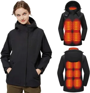 Women Heated Jackets Detachable Hood, Lightweight Waterproof Zip Winter Fleece Coat-11 Heating Zones/No Battery
