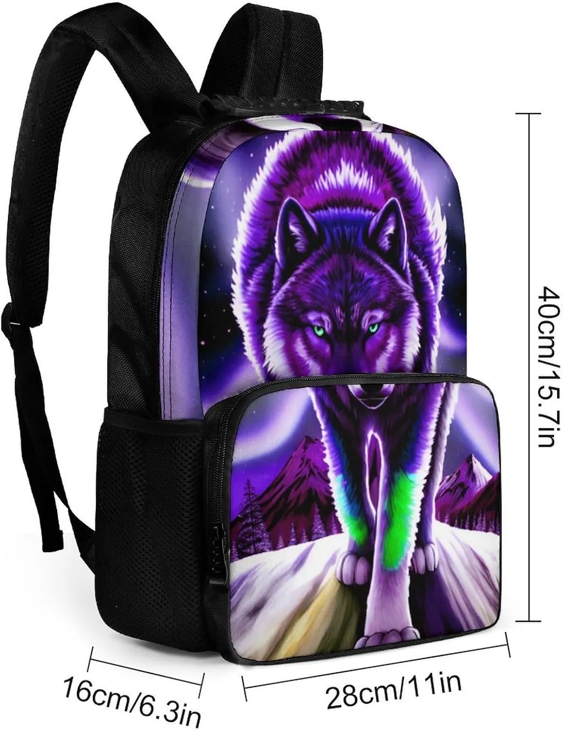 Women Men Polyester Mountain And Northern Light Wolves Psychedelic Art Casual Daypack Large Capacity Bookbag With Side Pockets for Sports Picnic Walking Cycling
