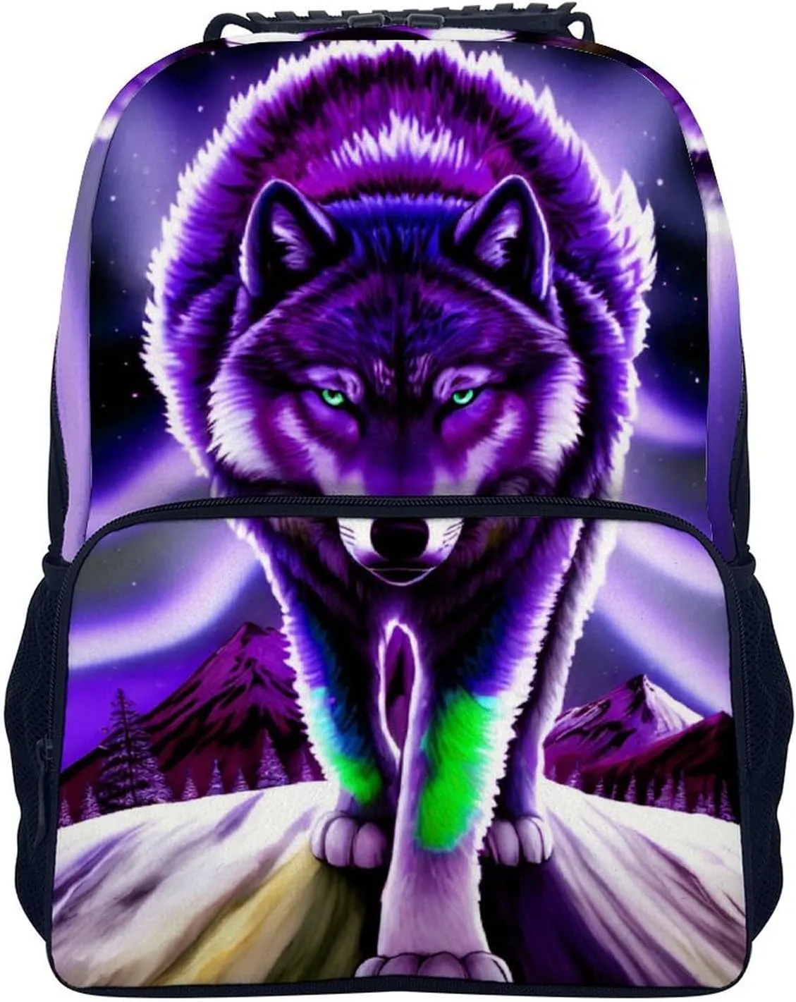 Women Men Polyester Mountain And Northern Light Wolves Psychedelic Art Casual Daypack Large Capacity Bookbag With Side Pockets for Sports Picnic Walking Cycling