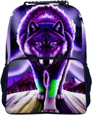 Women Men Polyester Mountain And Northern Light Wolves Psychedelic Art Casual Daypack Large Capacity Bookbag With Side Pockets for Sports Picnic Walking Cycling